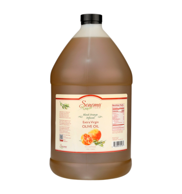 one gallon jug of blood orange olive oil - front side