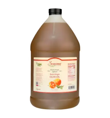 one gallon jug of blood orange olive oil - front side