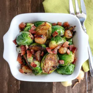Brussels Sprouts with Onion, Bacon and Garlic Infused Olive Oil Recipe