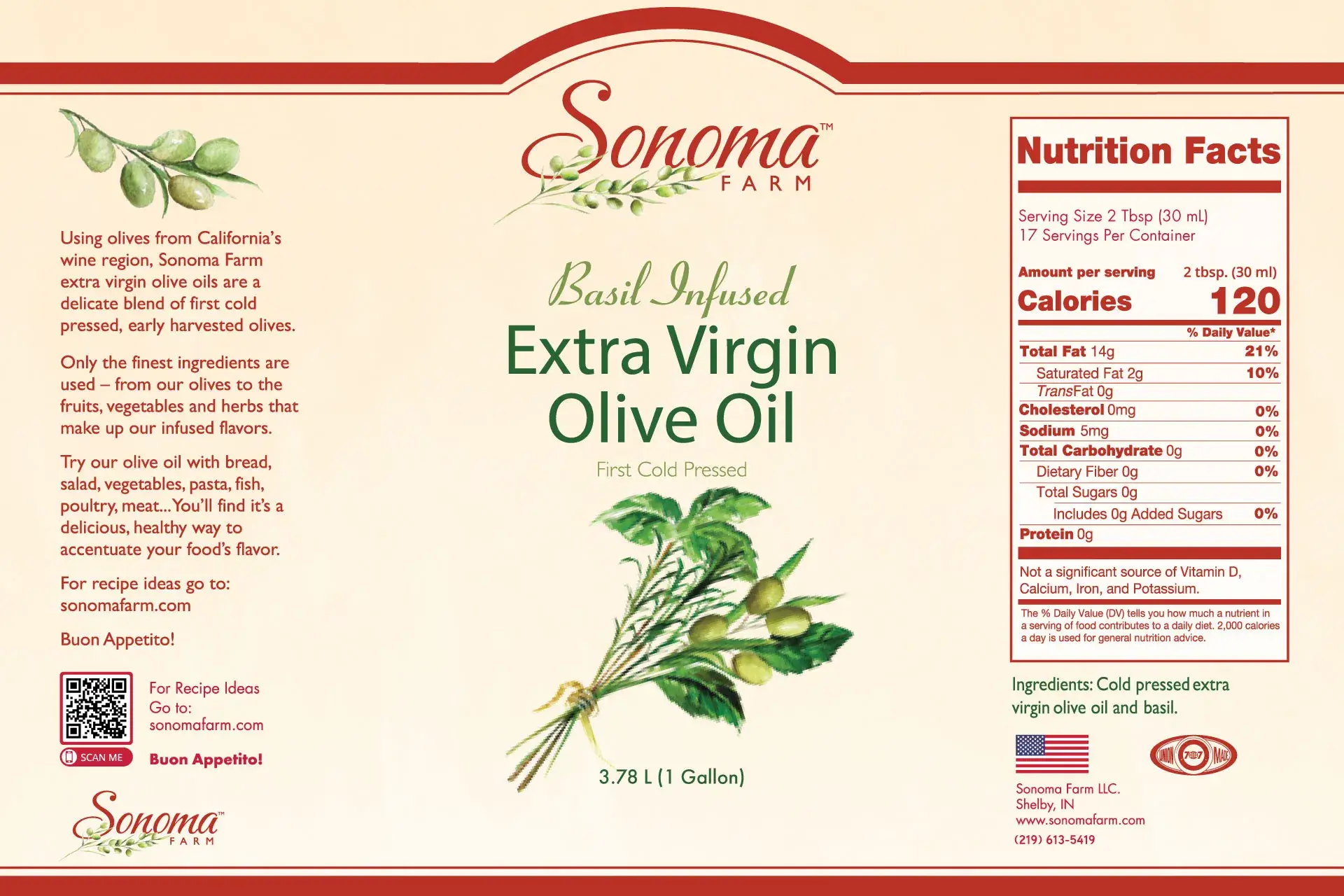 1 Gallon Basil Extra Virgin Olive Oil Label