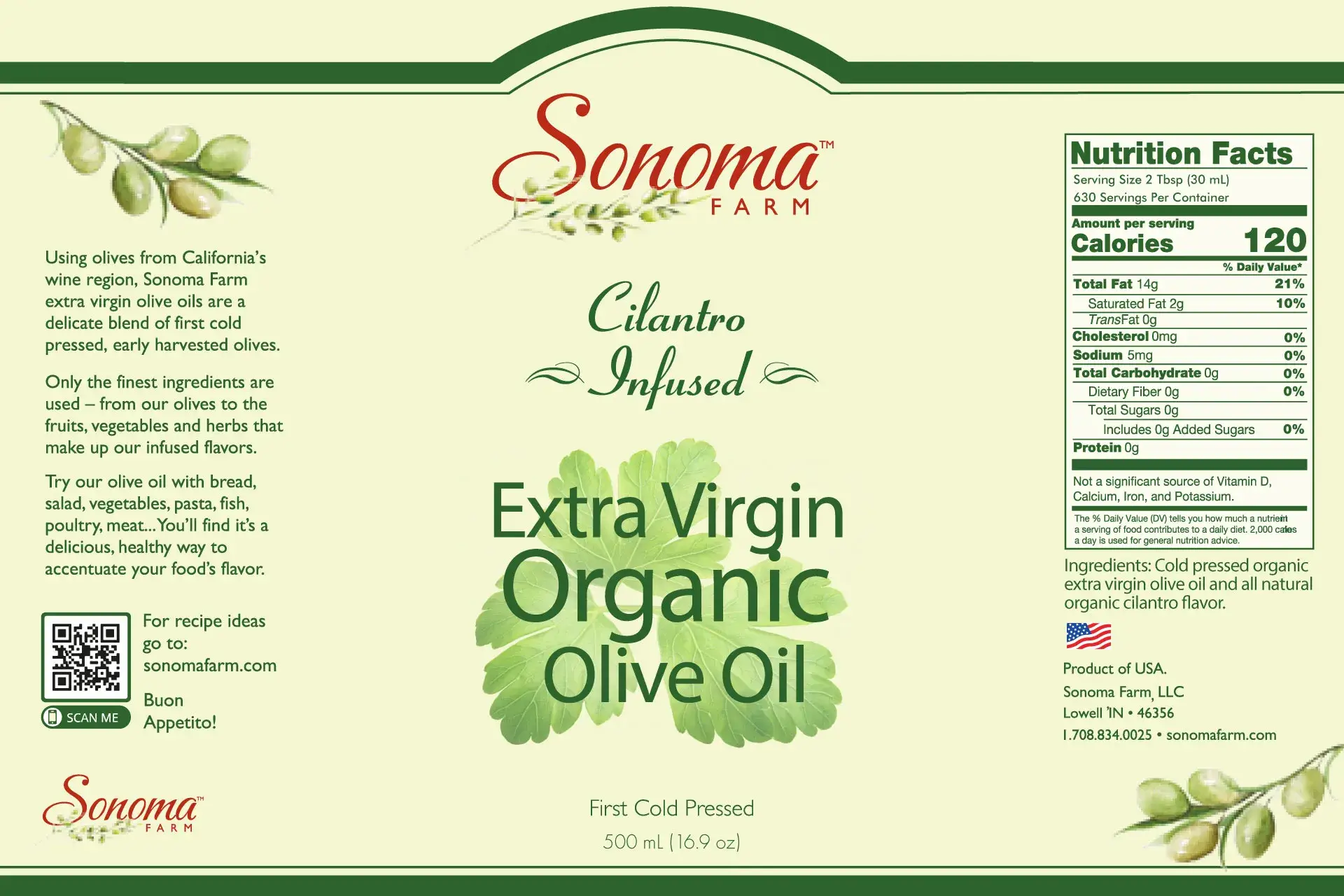 Organic Cilantro Extra Virgin Olive Oil - 500 mL