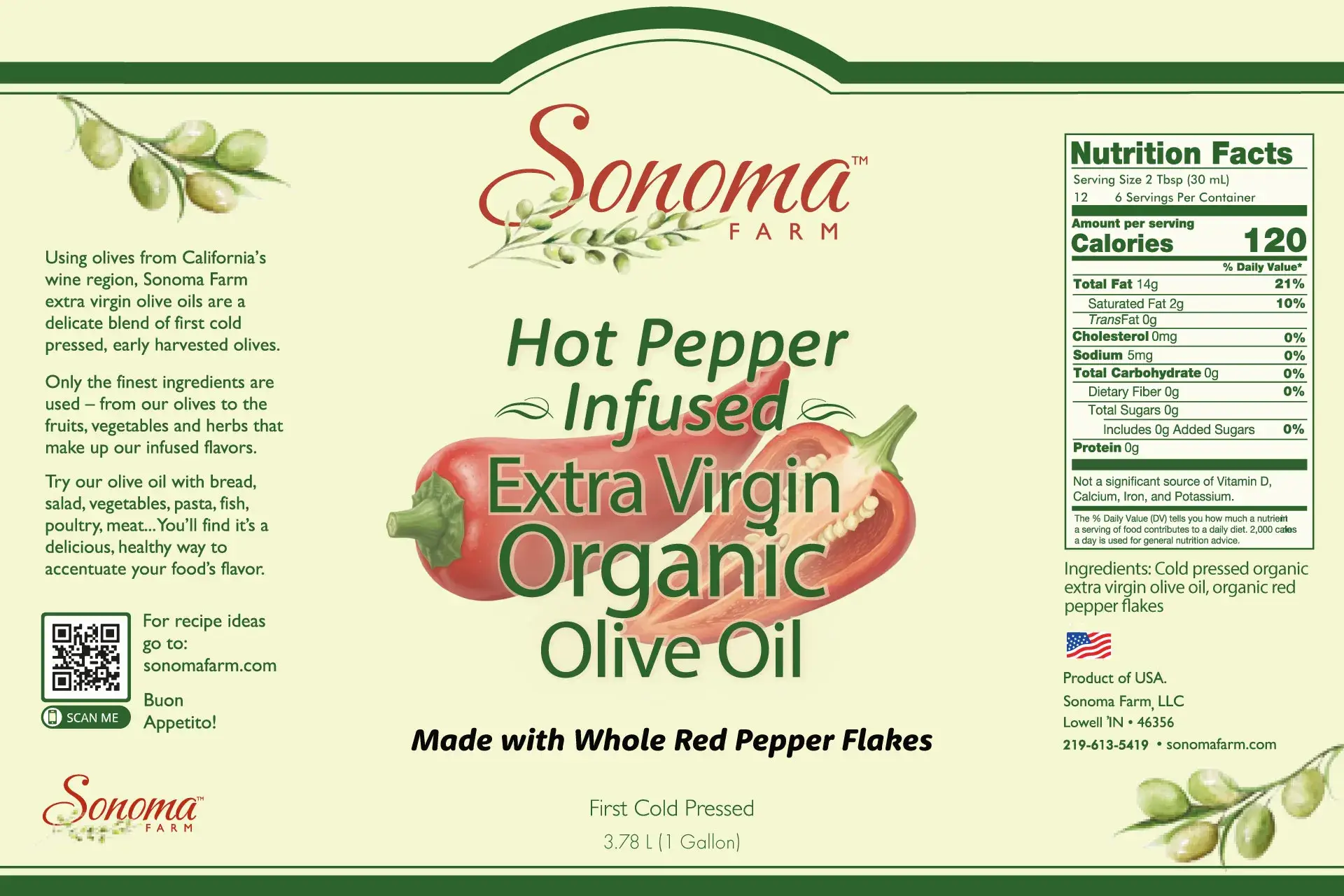Organic Red Pepper Flake Extra Virgin Olive Oil - 1 Gallon Label