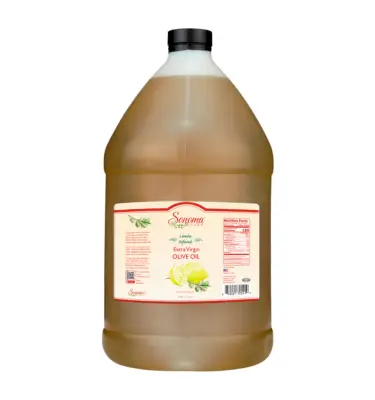 A gallon of olive oil stored in a pantry