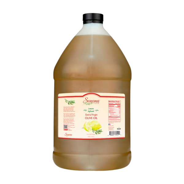 A gallon of olive oil stored in a pantry