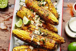Grilled Corn with Feta Topped with Lime Infused Olive Oil Recipe