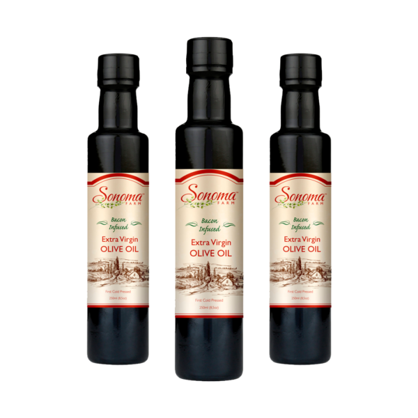 3 pack of 500ml bottles of bacon flavor infused extra virgin olive oil