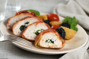 Pancetta Wrapped Stuffed Chicken Rolls with Garlic Infused Olive Oil Recipe