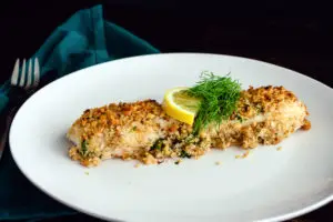Corn Flake Crusted Halibut with Strawberry Balsamic Greek Yogurt Recipe