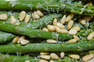 Asparagus with Parmigiano, Pine Nuts and Infused Lemon Olive Oil Recipe
