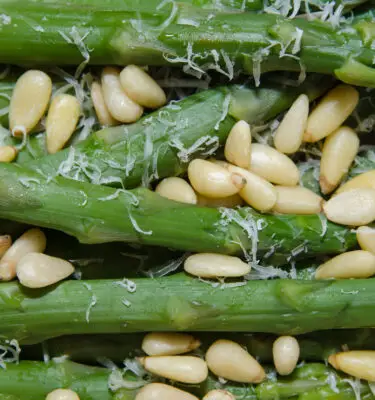 Asparagus with Parmigiano, Pine Nuts and Infused Lemon Olive Oil Recipe
