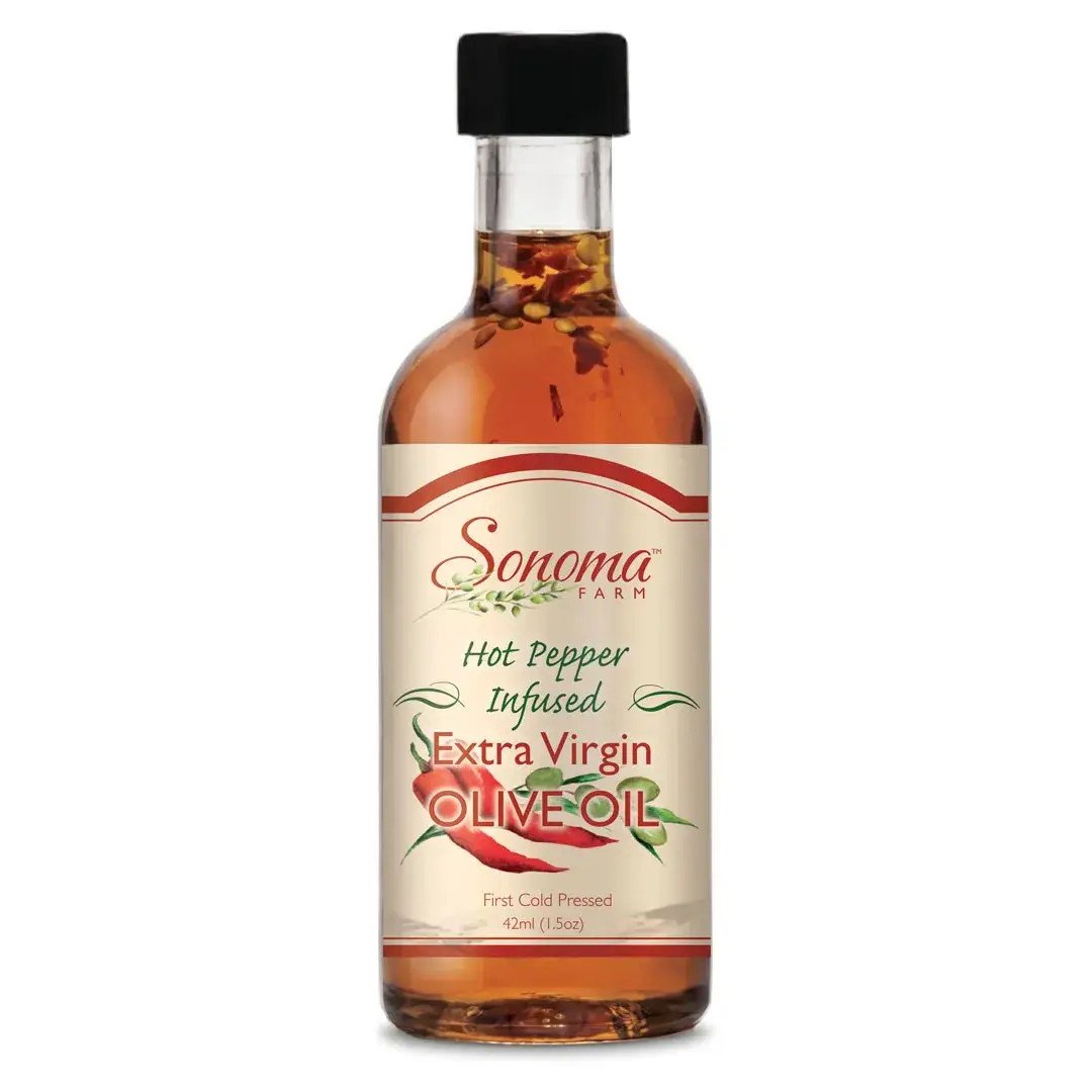 Sample size bottle of hot pepper extra virgin olive oil.