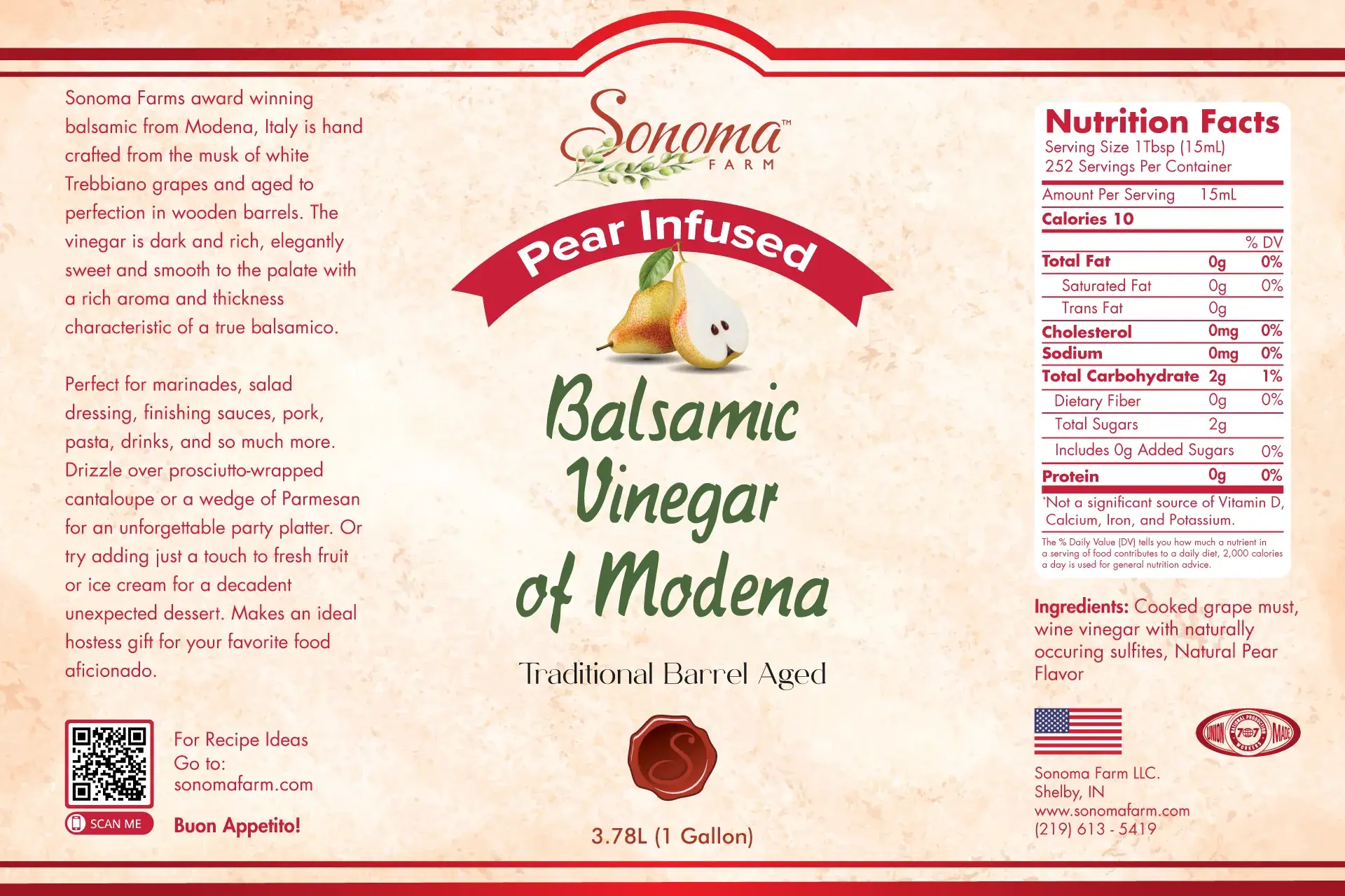 Sonoma Farm Pear Infused Balsamic Vinegar 1 gallon label with nutrition facts