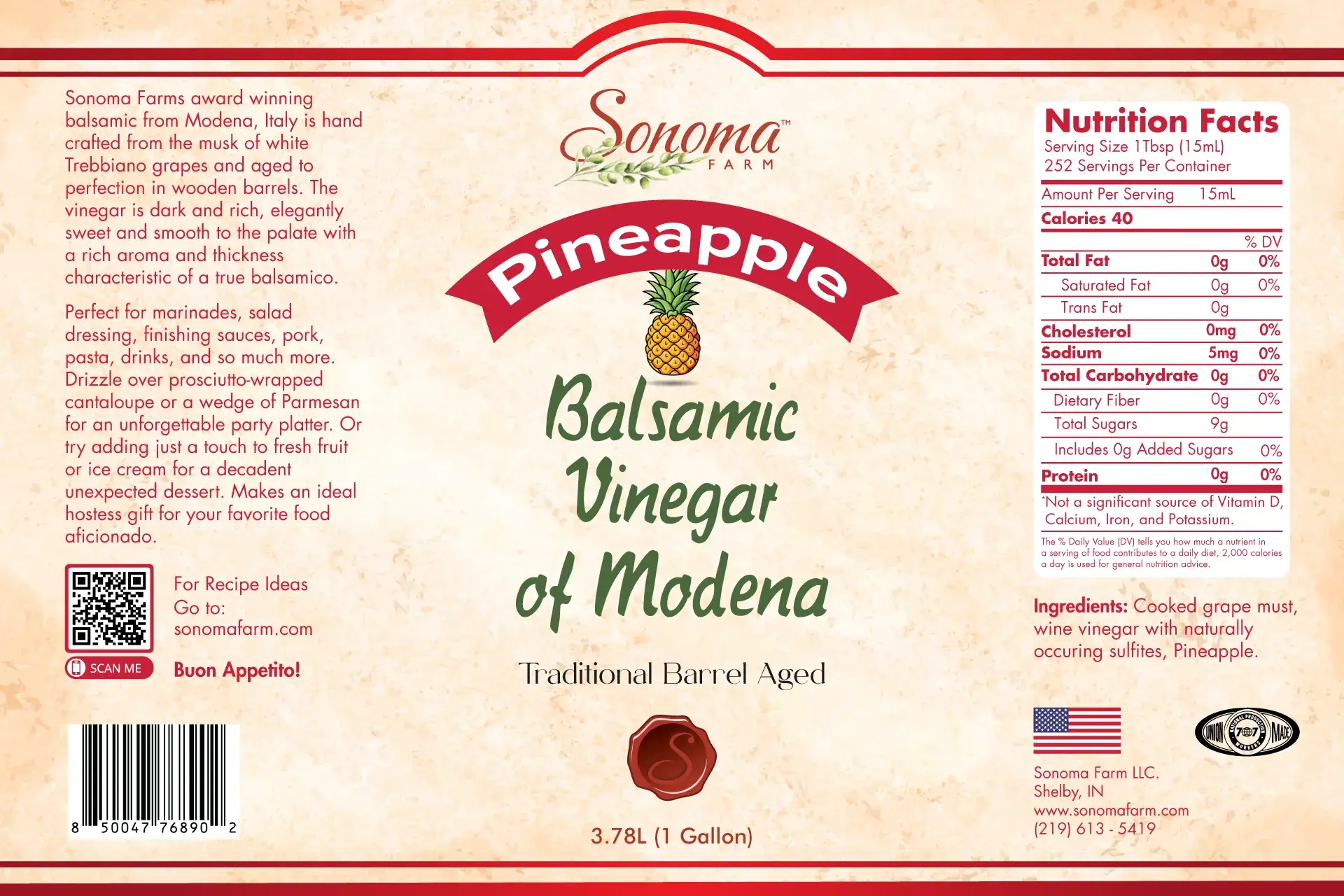 Sonoma Farm Pineapple Infused Balsamic Vinegar 1 gallon label with nutrition facts