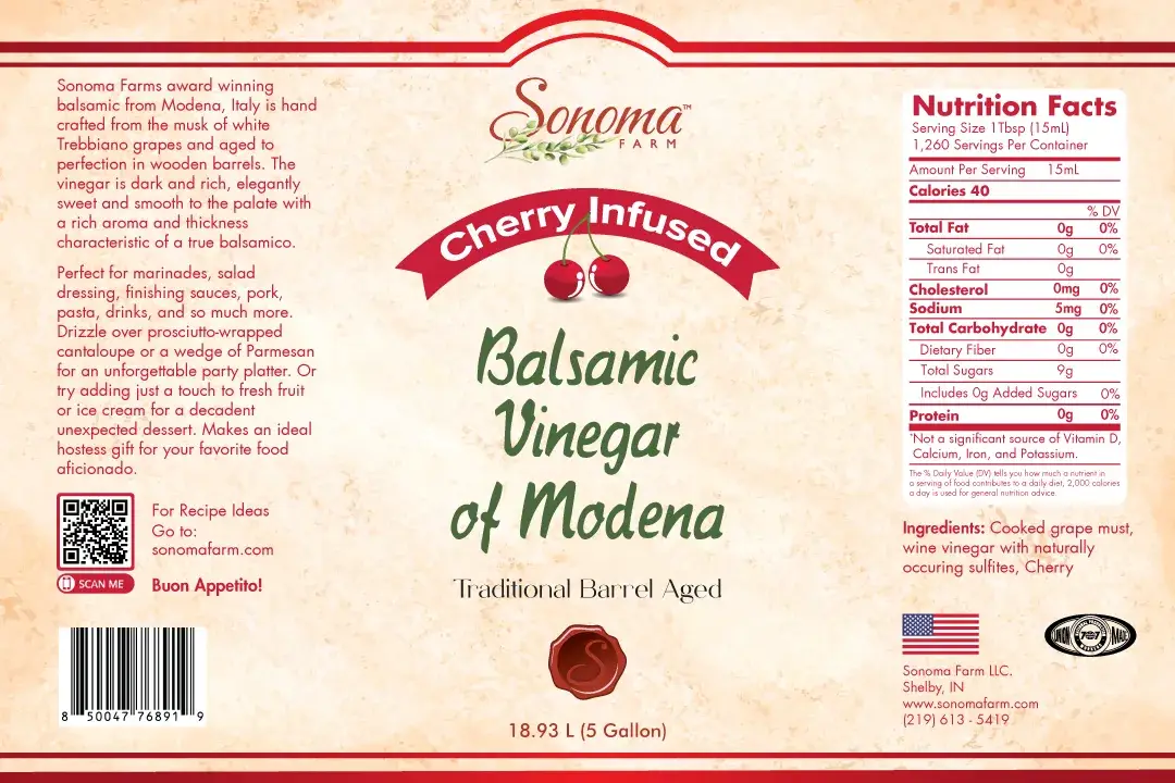 Sonoma Farm Cherry Infused Balsamic Vinegar 5 gallon bulk label with nutrition facts