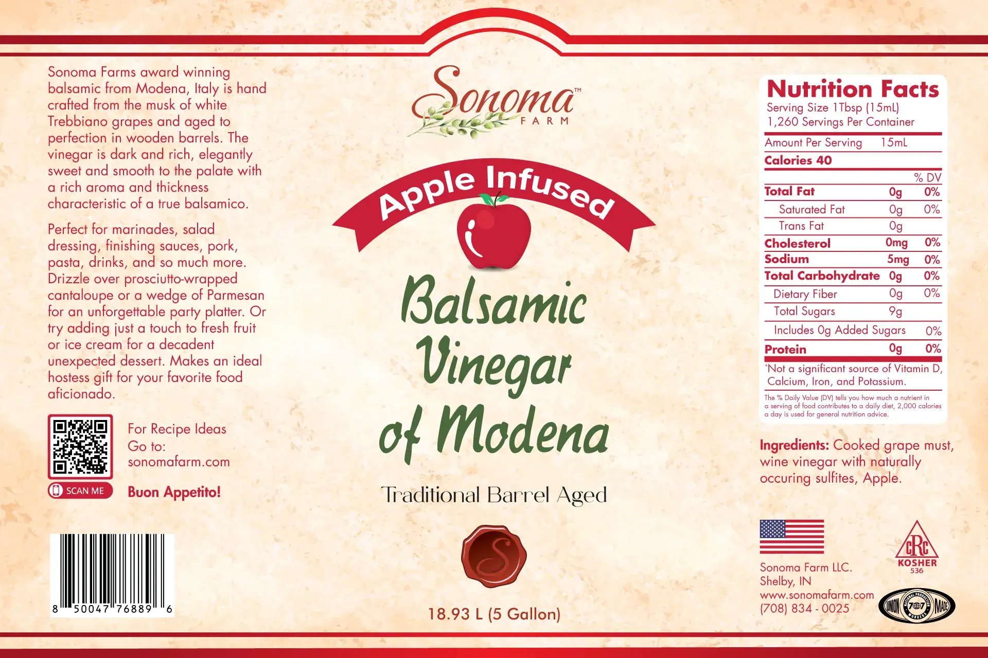 Sonoma Farm Apple Infused Balsamic Vinegar 5 gallon bulk label with nutrition facts