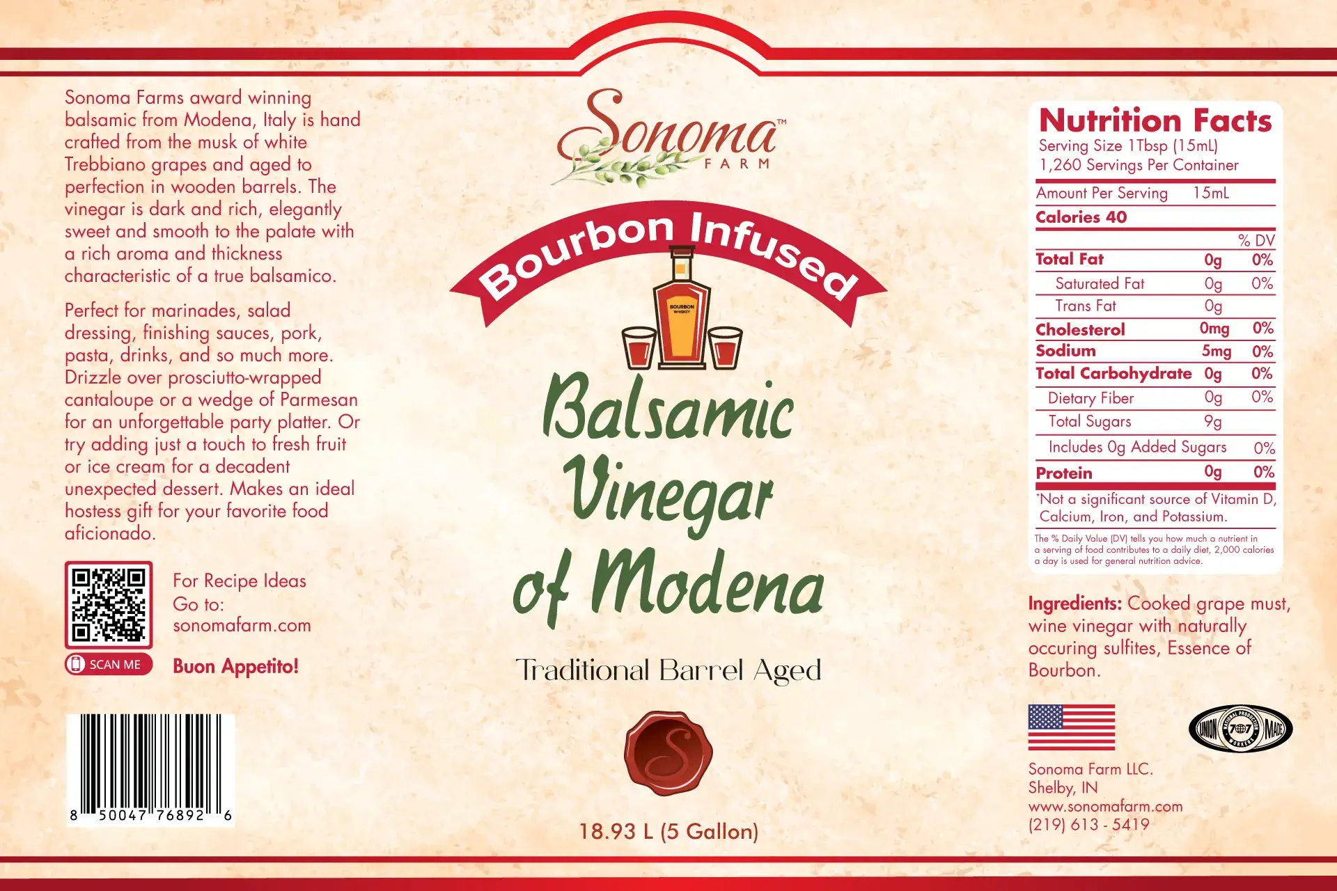 Sonoma Farm Bourbon Infused Balsamic Vinegar 5 gallon bulk label with nutrition facts
