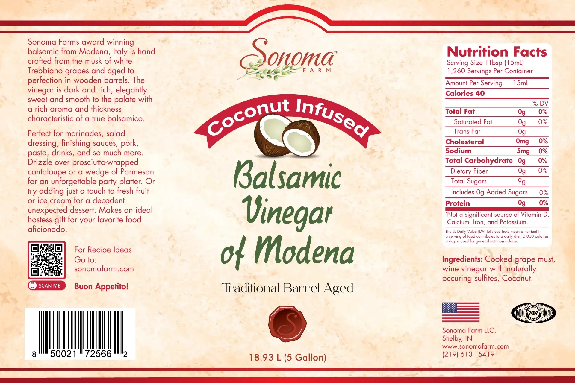 Sonoma Farm Coconut Infused Balsamic Vinegar 5 gallon bulk food service label