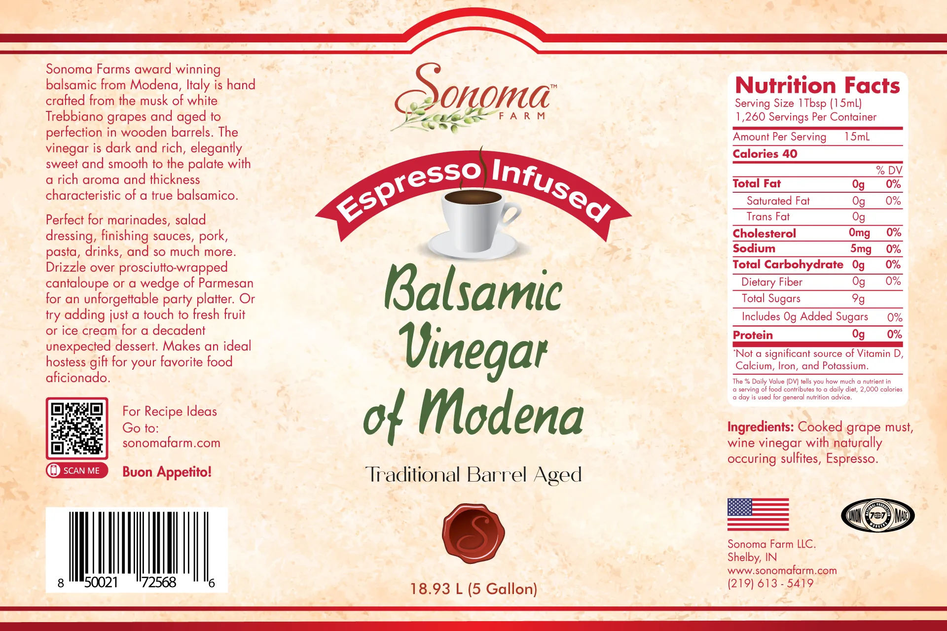 Espresso Infused Balsamic Vinegar - 5 Gallon Label