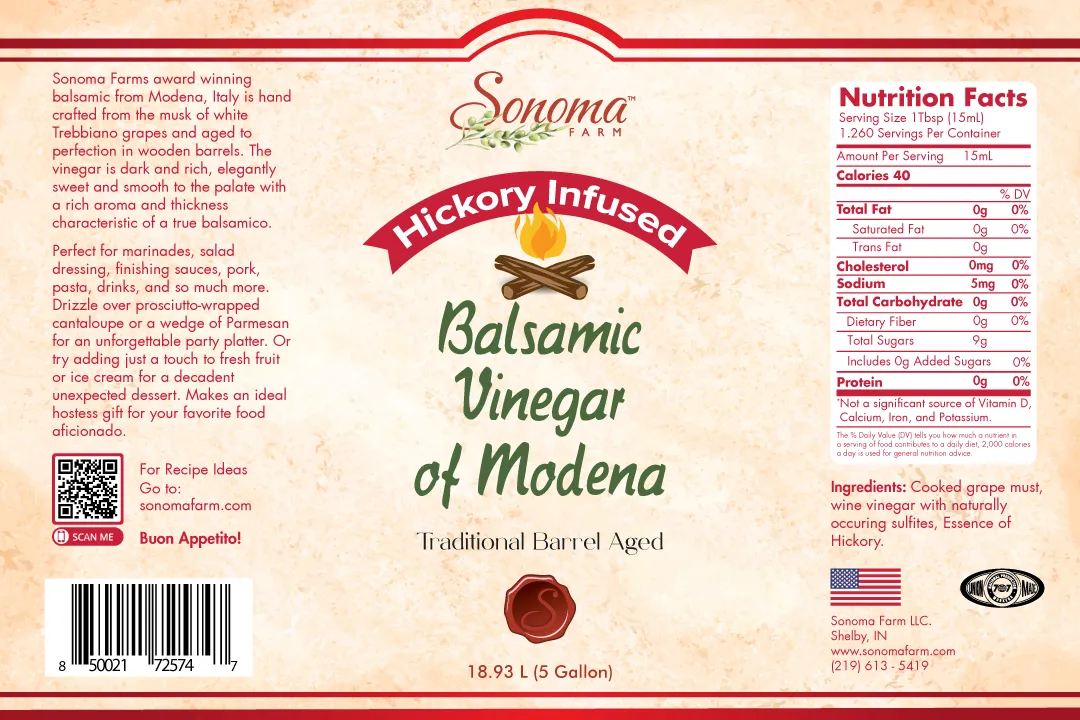 Hickory Infused Balsamic Vinegar - 5 Gallon Label
