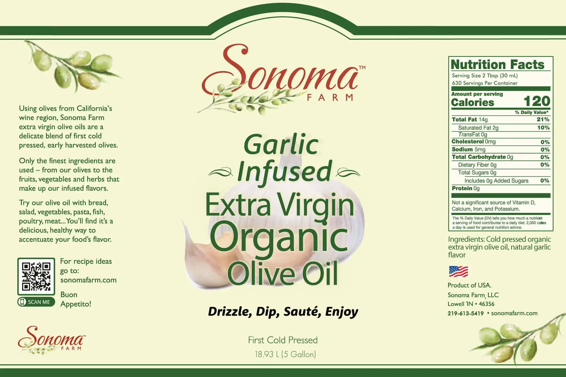 Organic Garlic Extra Virgin Olive Oil - 5 Gallon Label