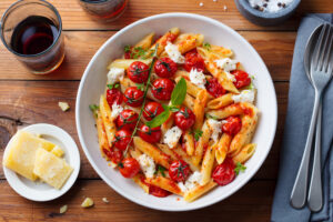 Garlic Olive Oil Rigatoni with Roasted Cherry Tomatoes and Burrata Recipe