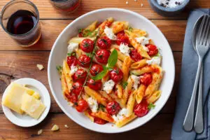 Garlic Olive Oil Rigatoni with Roasted Cherry Tomatoes and Burrata Recipe