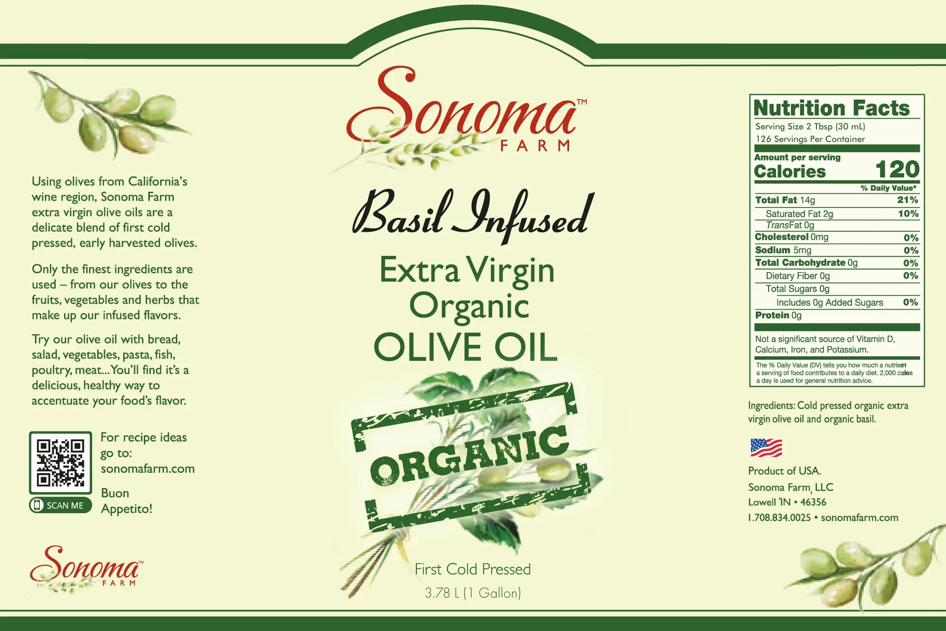 Organic Basil Extra Virgin Olive Oil - 1 Gallon Label