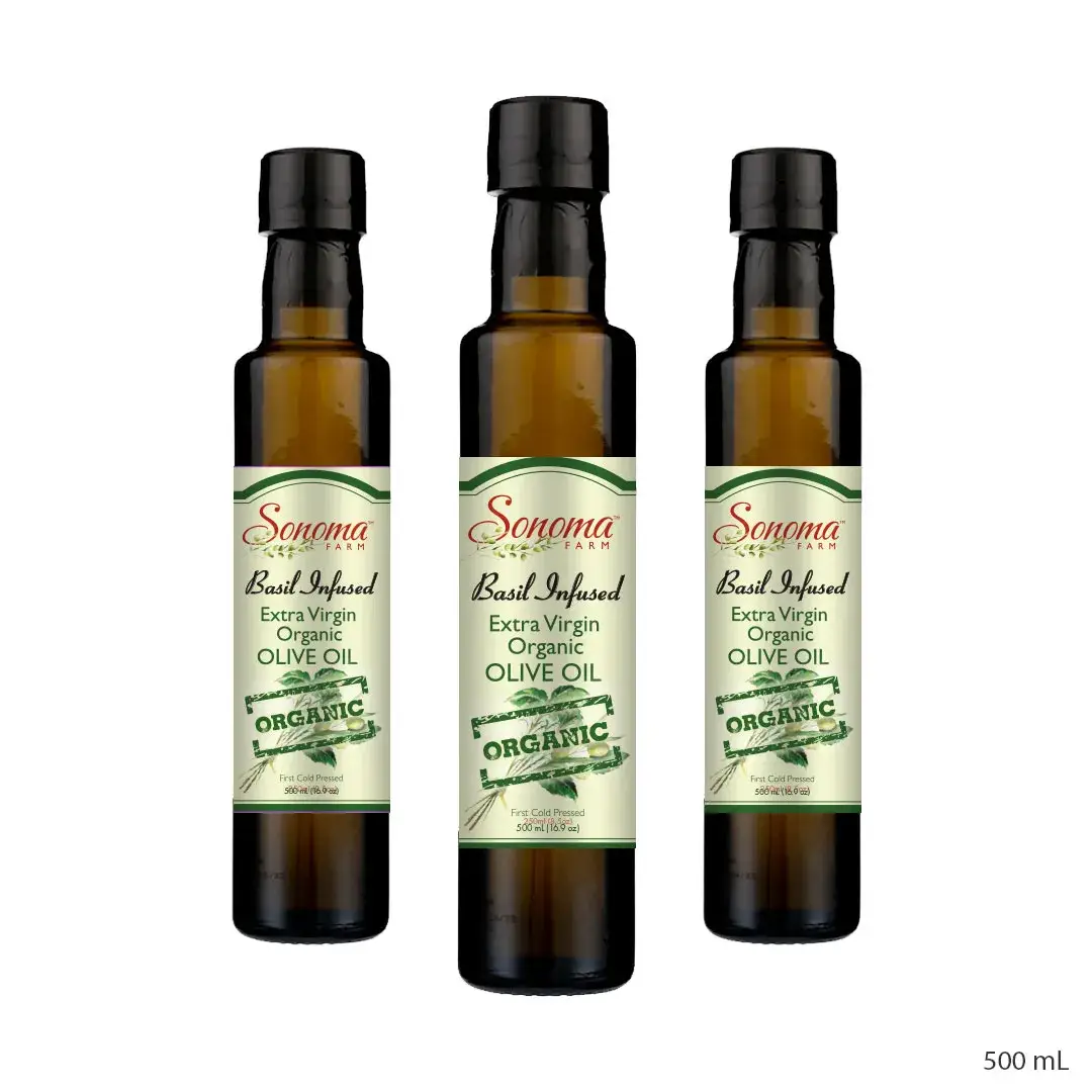 Three Pack of Organic Basil Extra Virgin Olive Oil - 500 mL Bottles