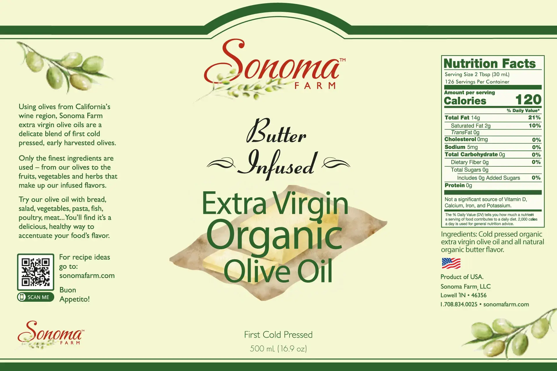 Organic Butter Extra Virgin Olive Oil - 500 mL Label