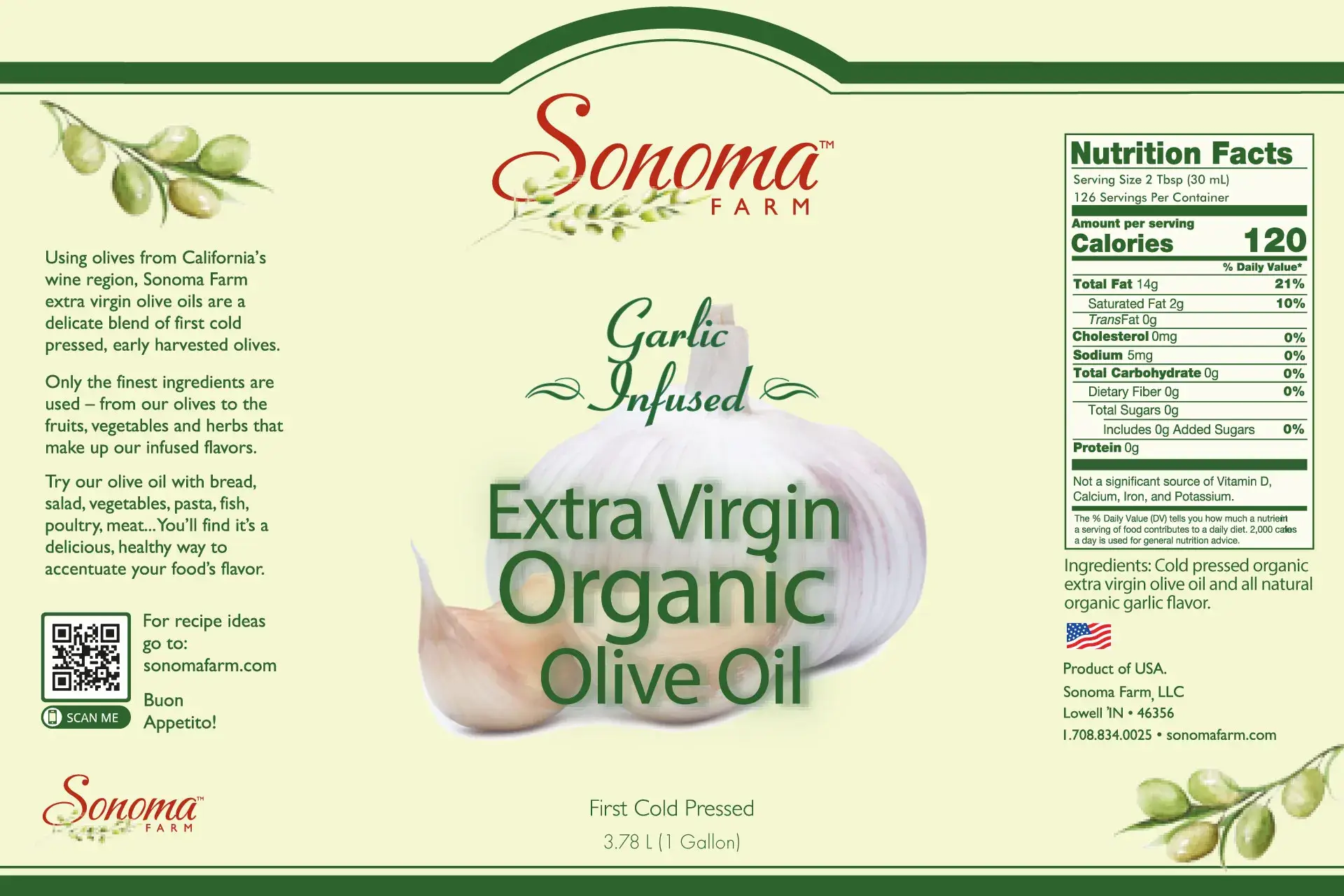 Organic Garlic Extra Virgin Olive Oil - 1 Gallon Label