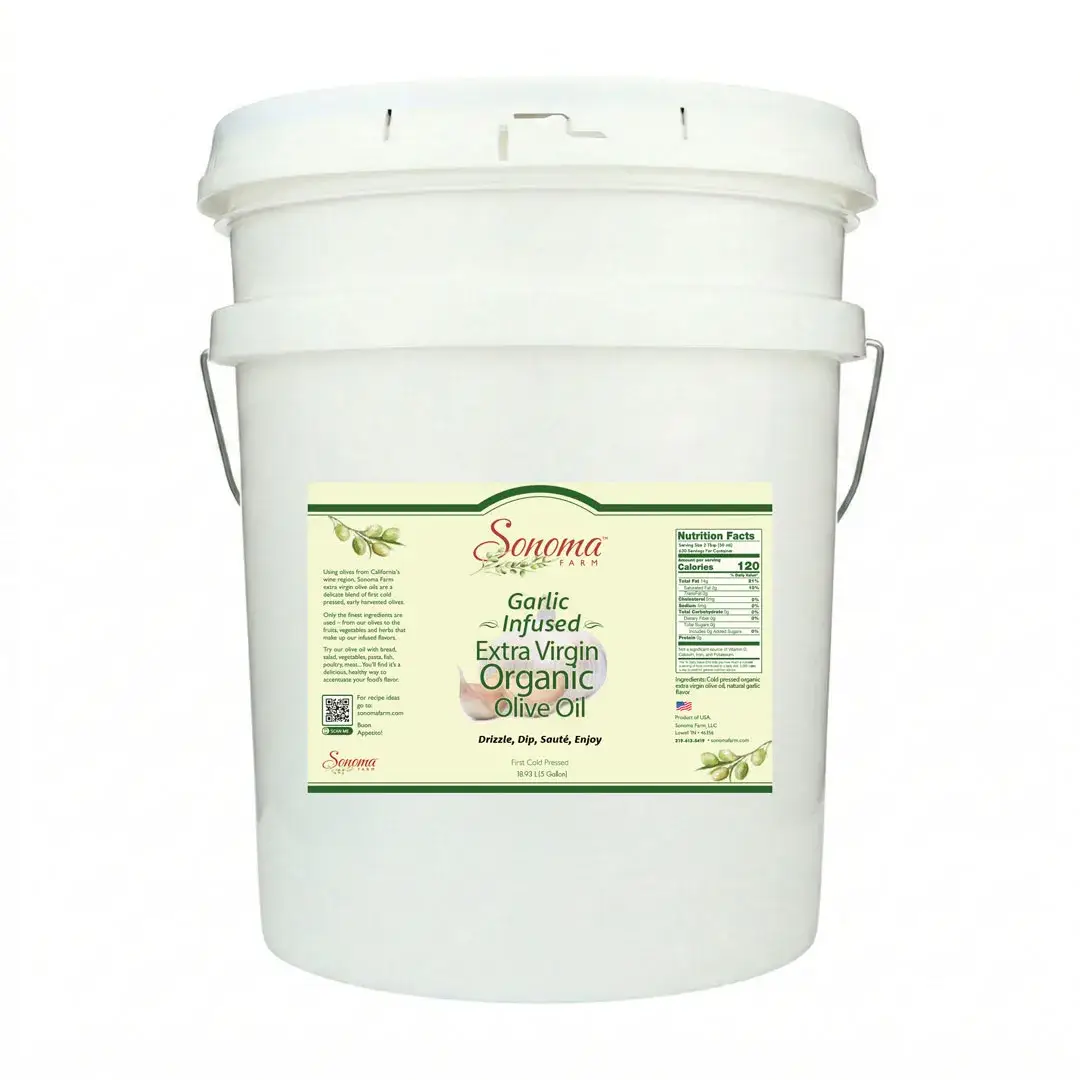 5 Gallon Pail of organic garlic extra virgin olive oil