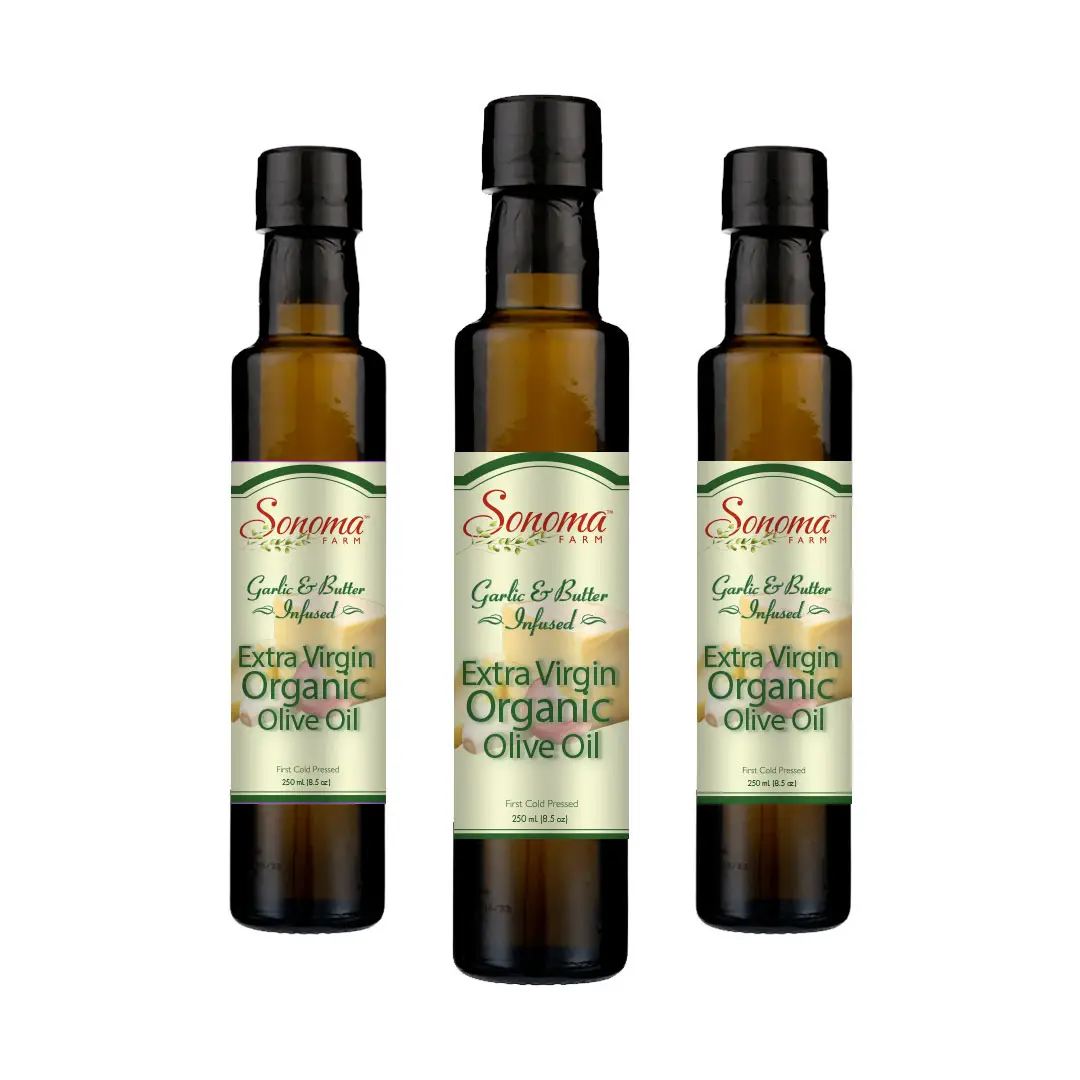 Three Pack of Organic Garlic and Butter Extra Virgin Olive Oil - 250 mL Bottles