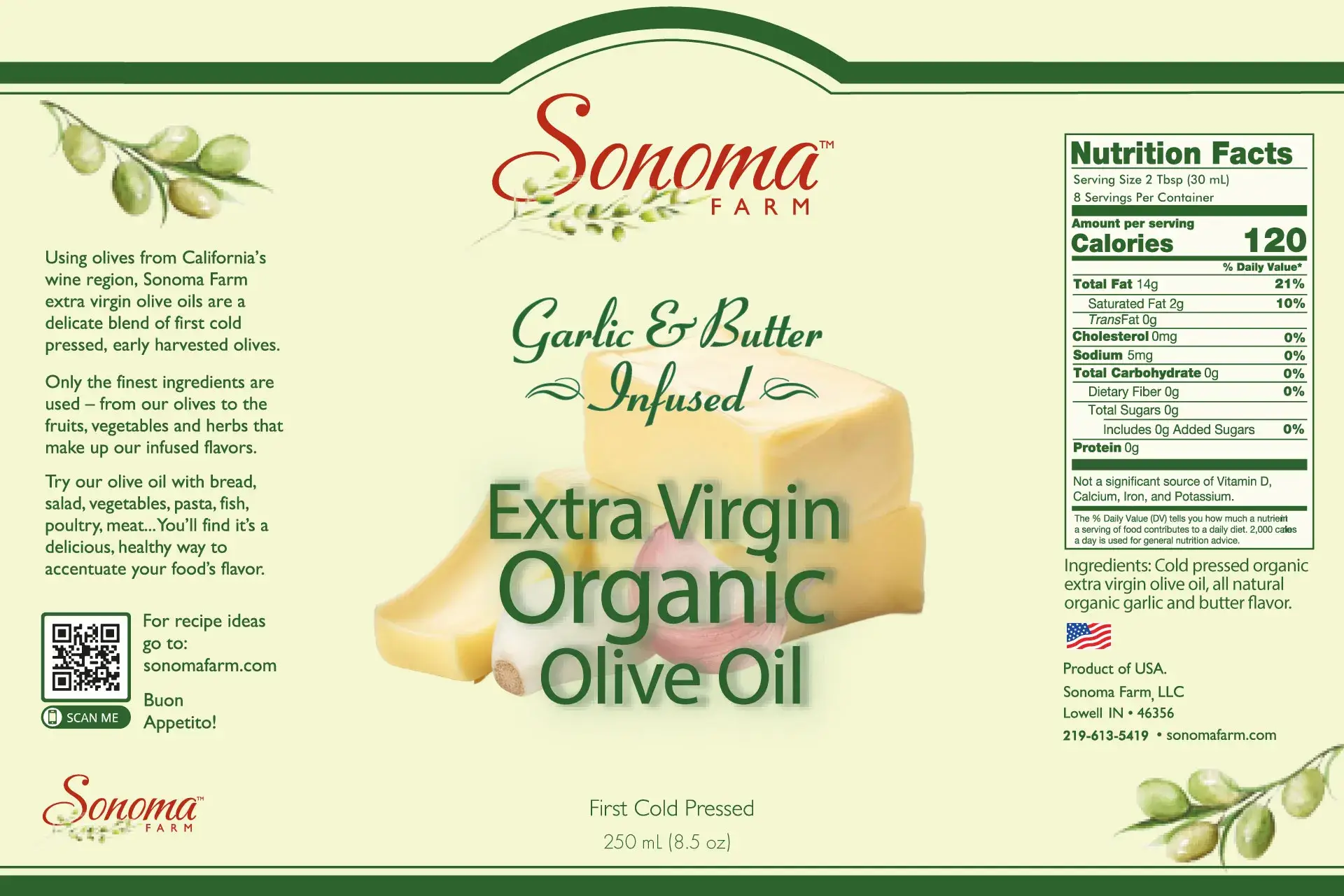 Organic Garlic and Butter Extra Virgin Olive Oil - 250 mL label