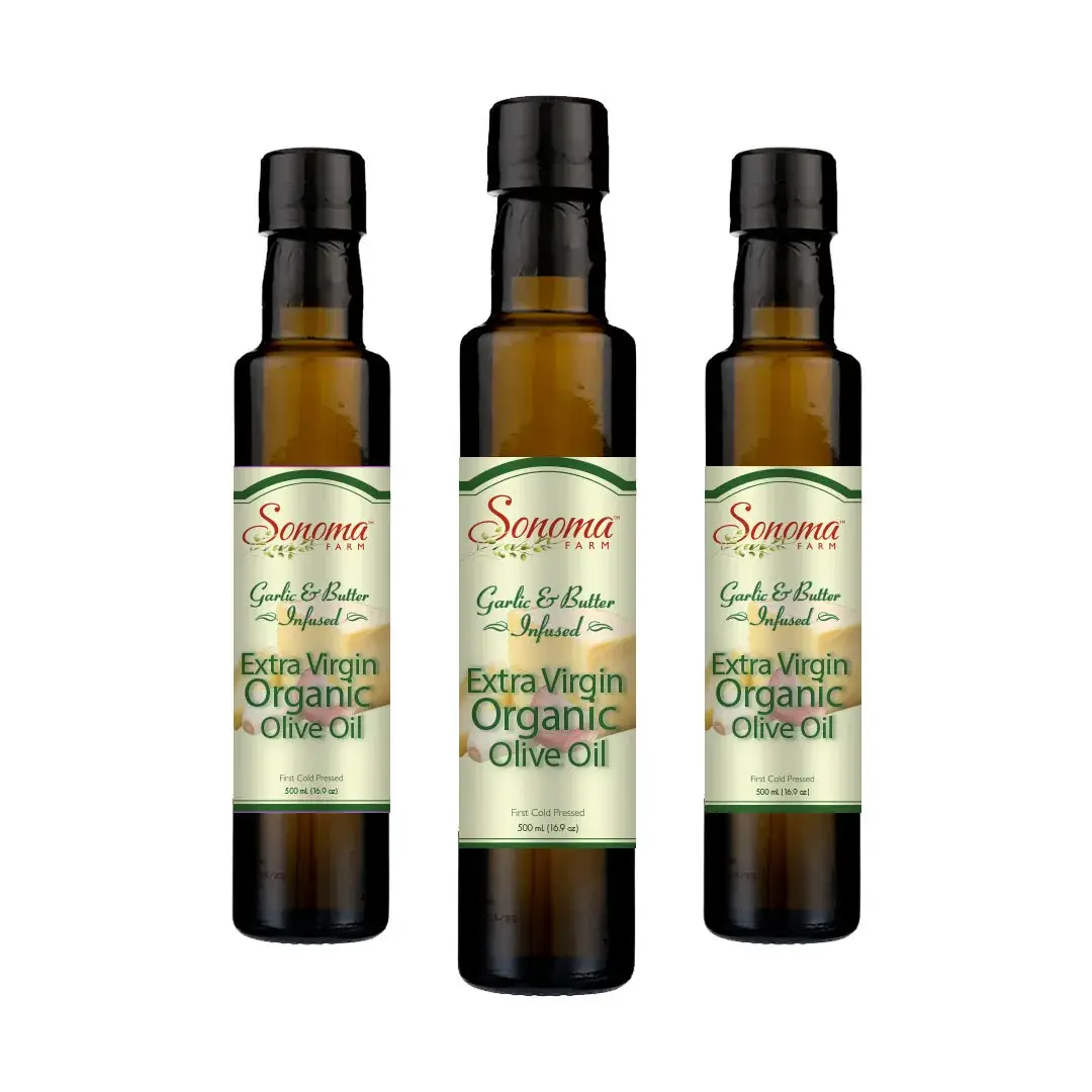 Three Pack of Organic Garlic and Butter Extra Virgin Olive Oil - 500 mL Bottles