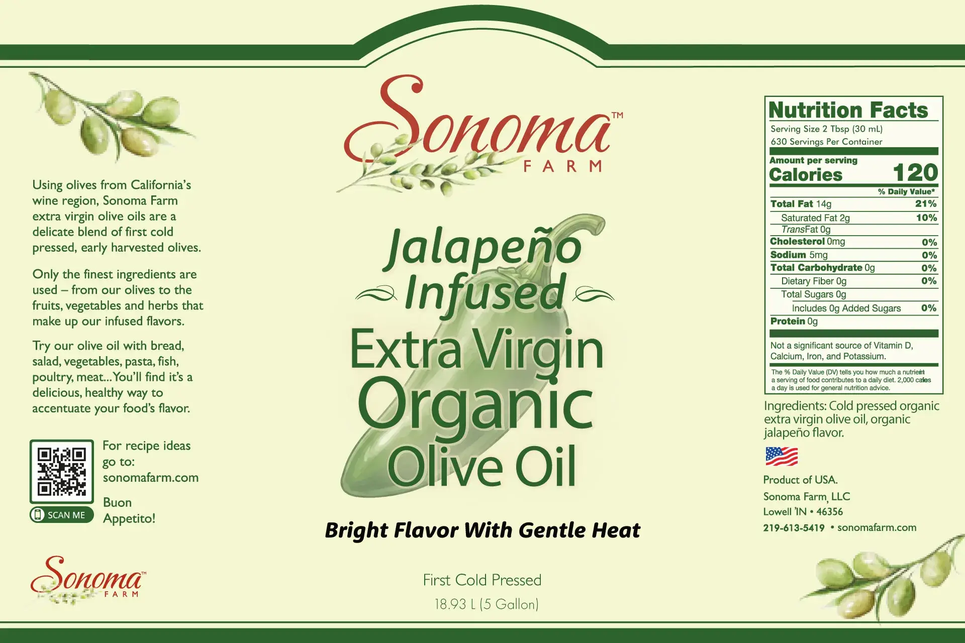 Organic Jalapeno Extra Virgin Olive Oil - 5 Gallon Label