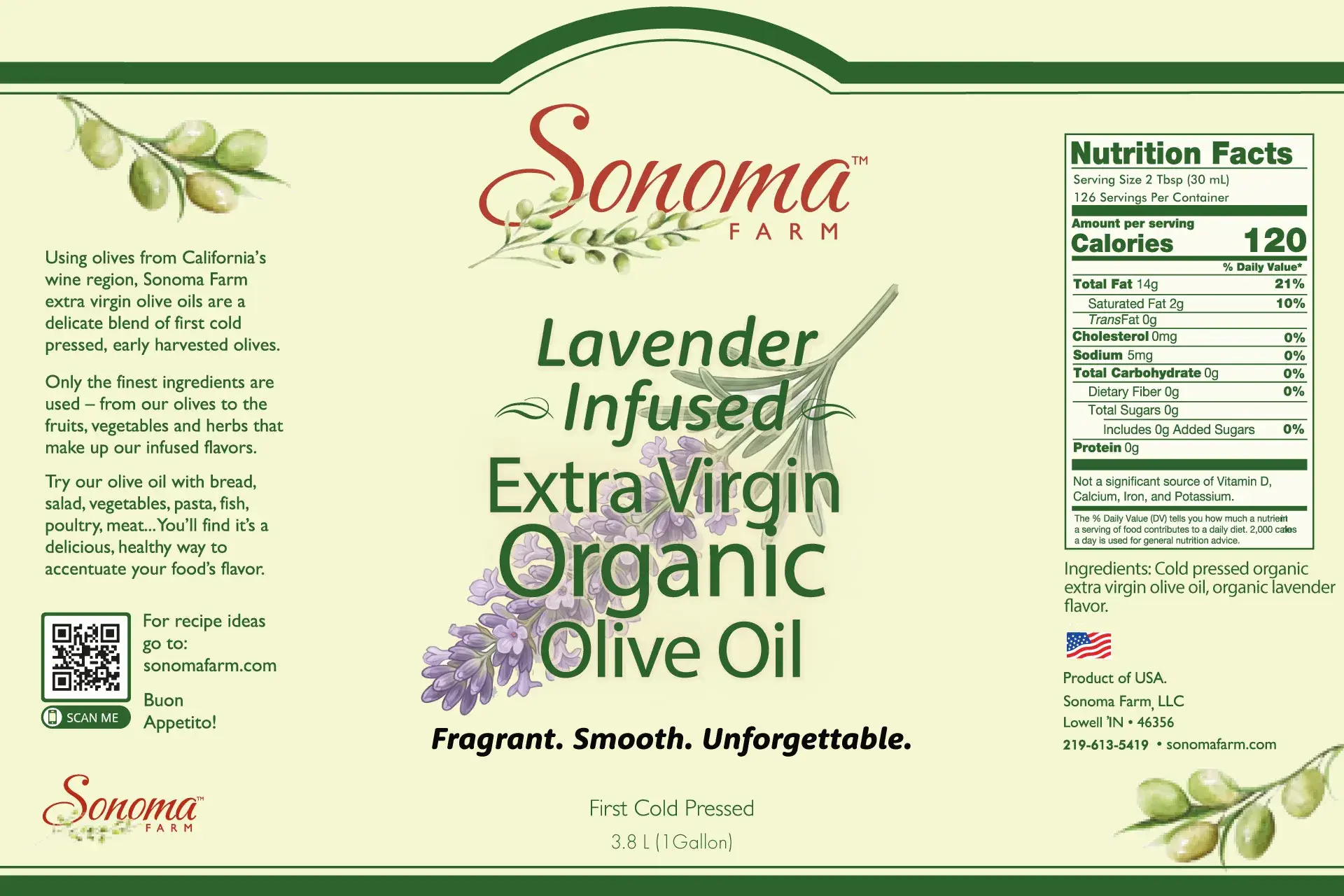 Organic Italiano Dipping Oil - Lavender infused extra virgin olive oil - 1 gallon label