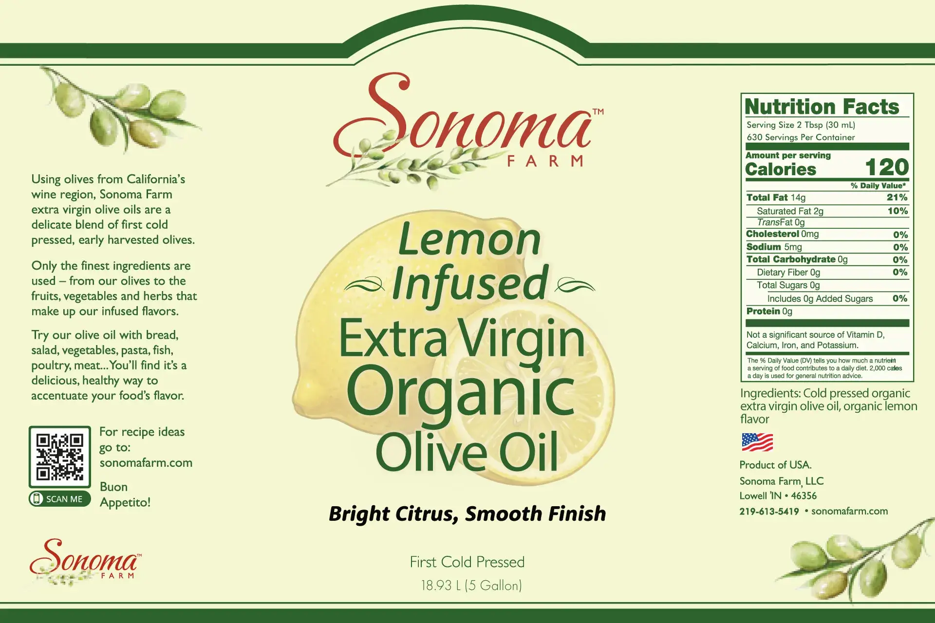 Organic Lemon Extra Virgin Olive Oil - 5 Gallon Label