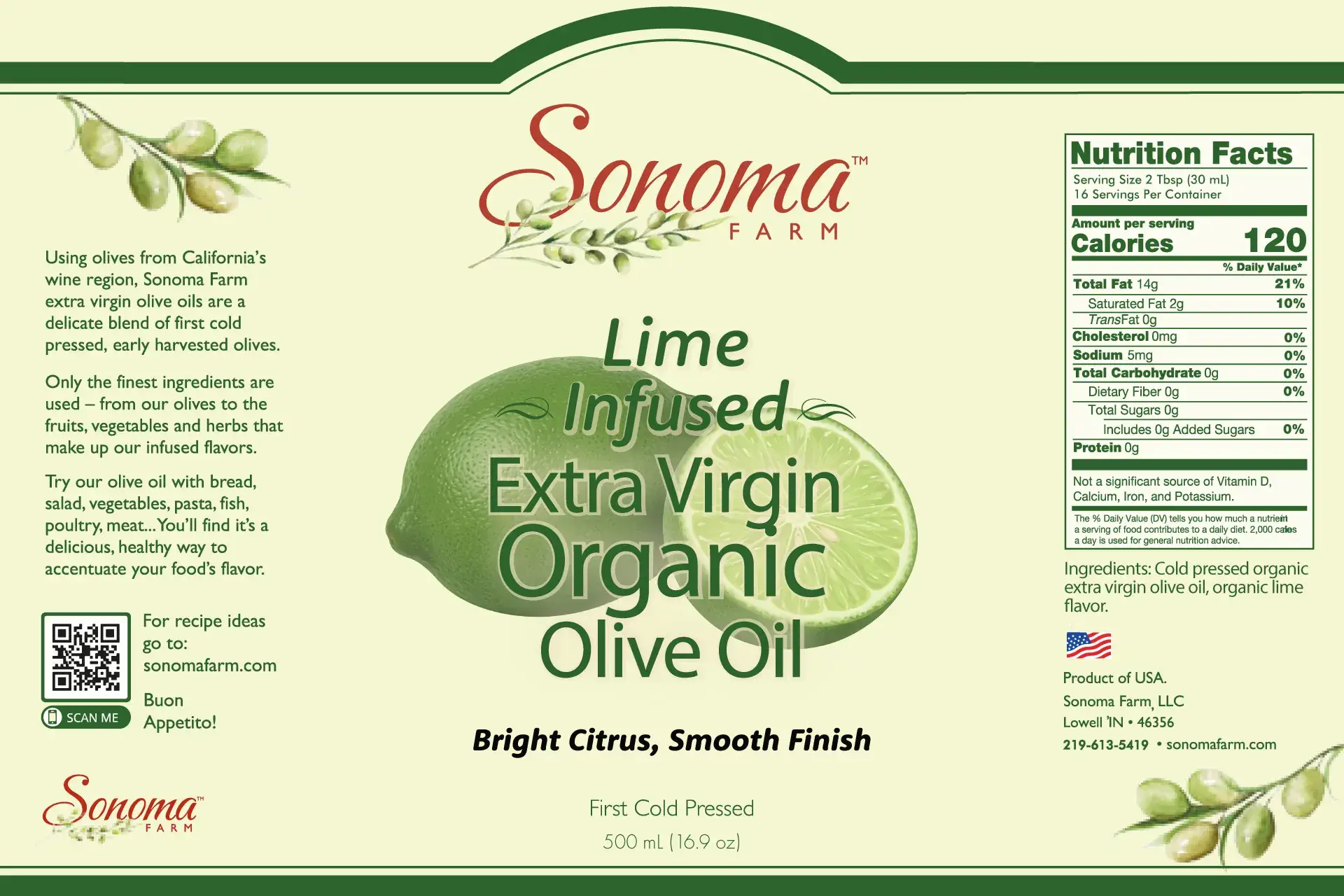 Organic Lime Extra Virgin Olive Oil - 500 mL Label