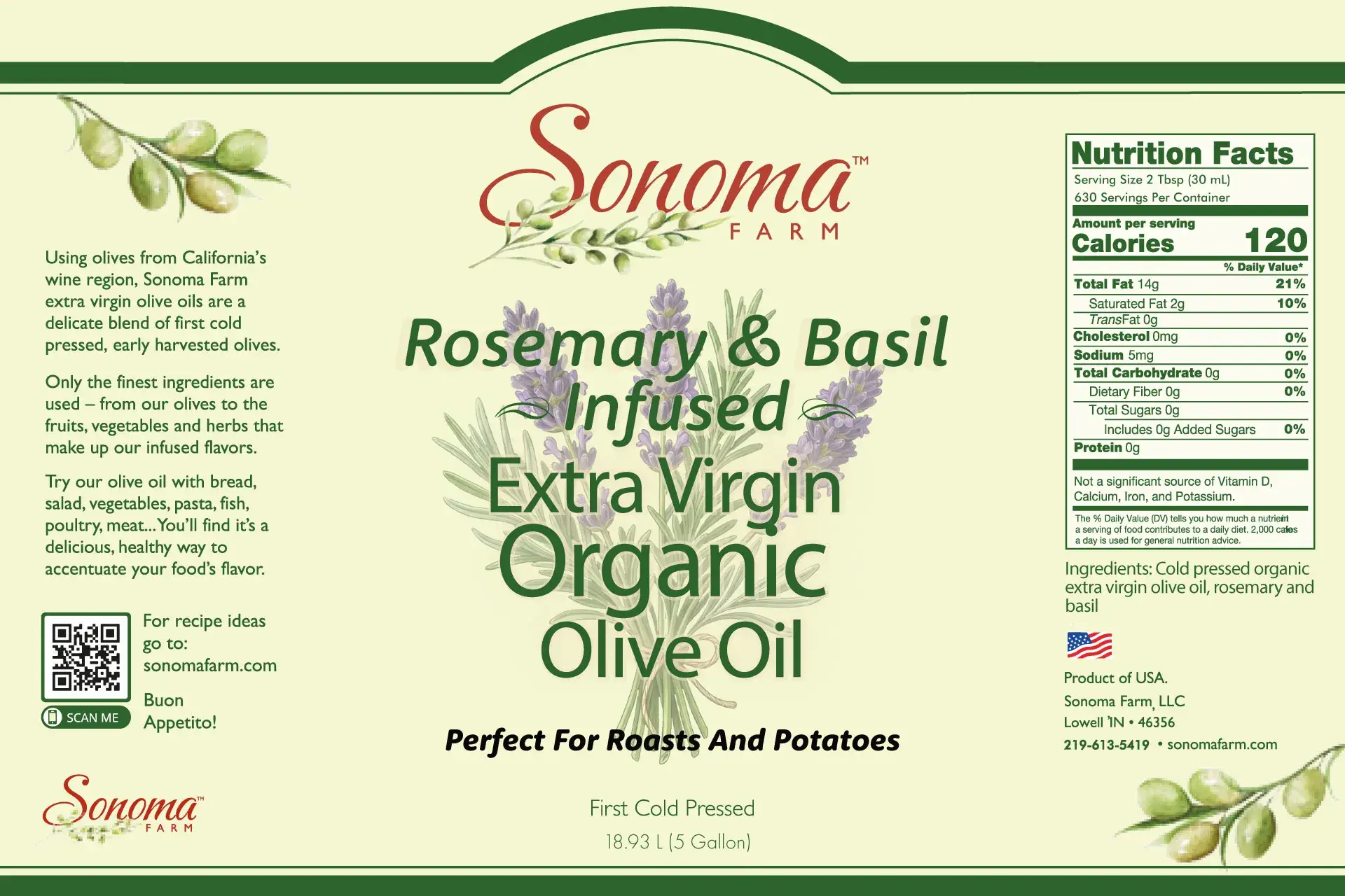 Organic Rosemary and Basil Extra Virgin Olive Oil - 5 Gallon Label