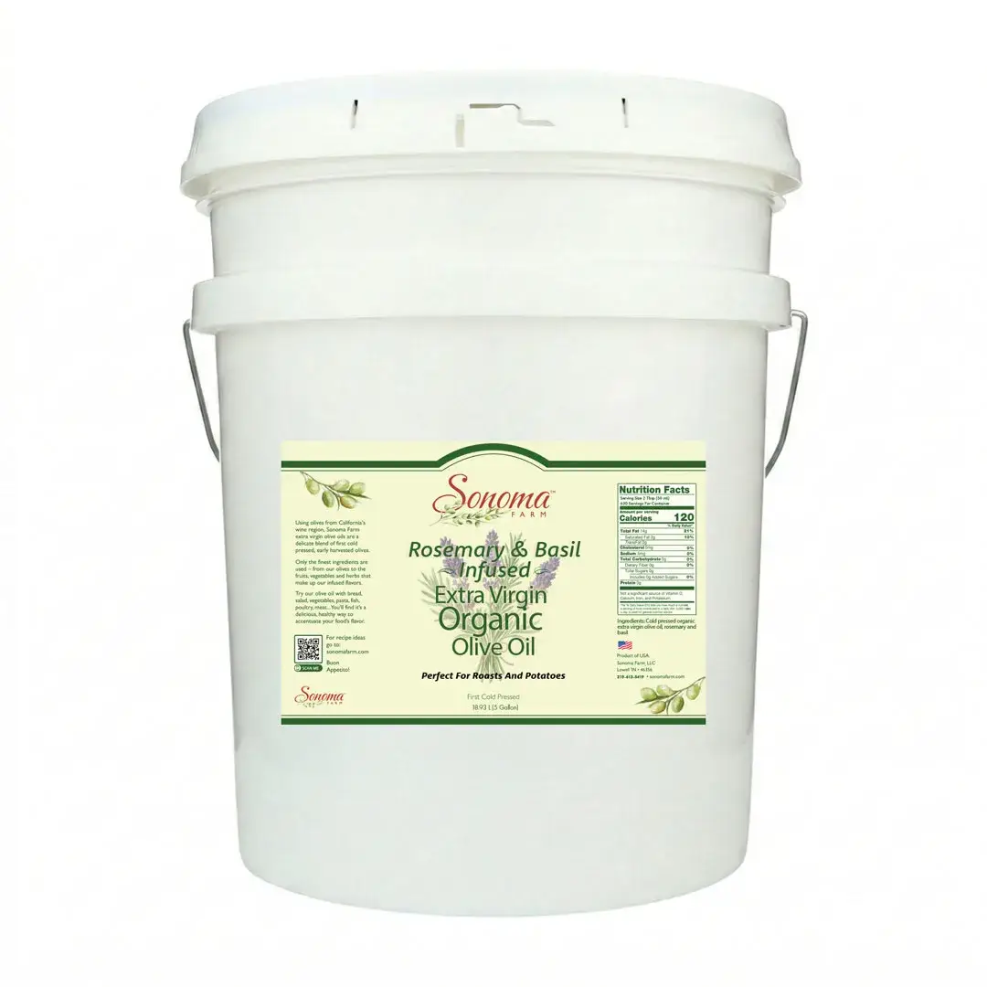 5 Gallon Pail of organic rosemary and basil extra virgin olive oil
