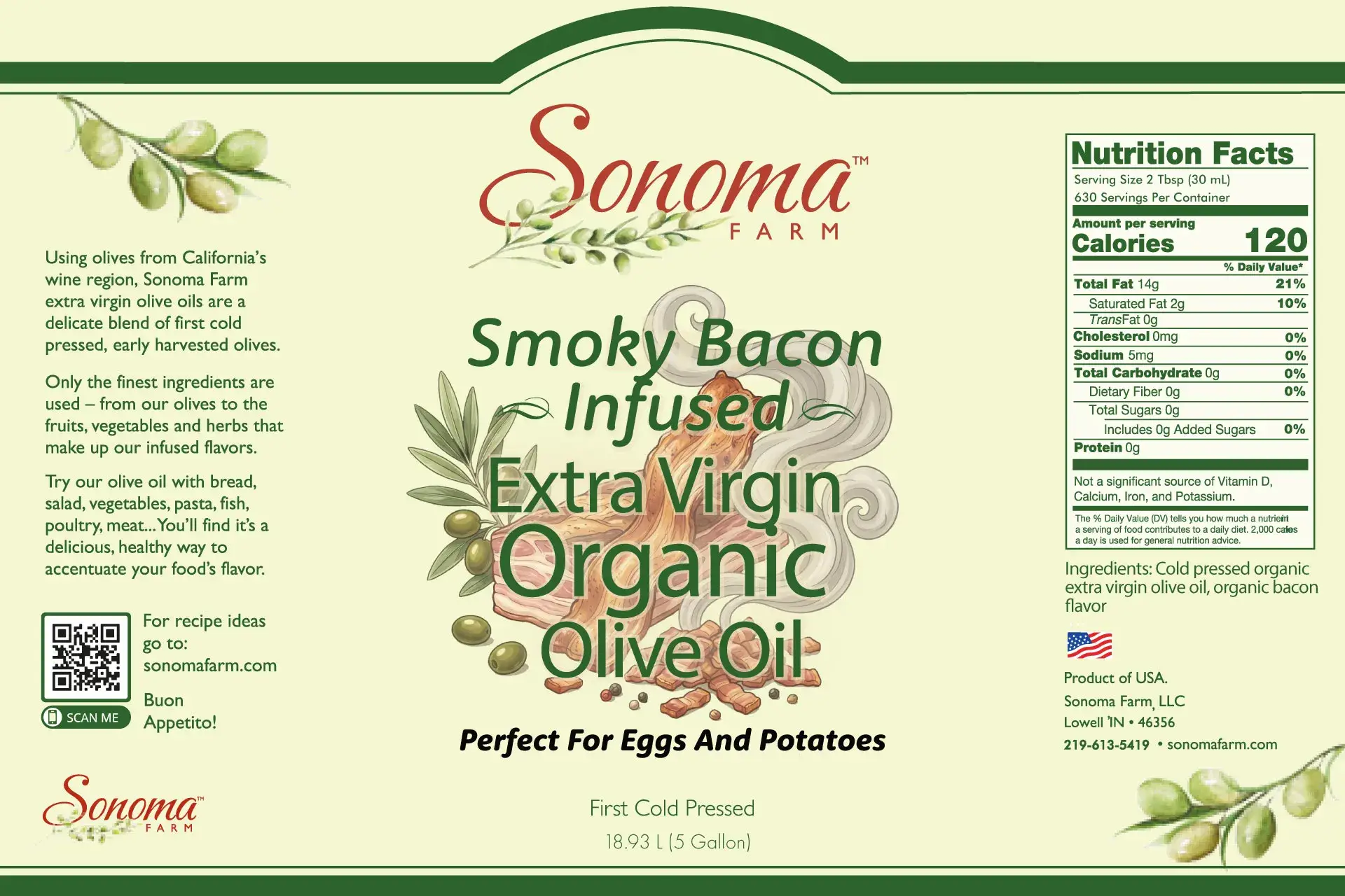Organic Smoky Bacon Extra Virgin Olive Oil - 5 Gallon Label