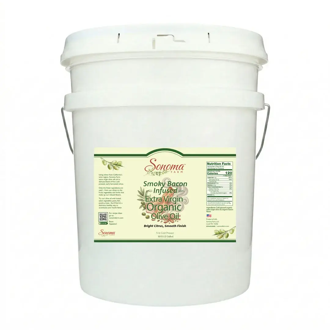 5 Gallon Pail of organic smoky bacon flavored extra virgin olive oil