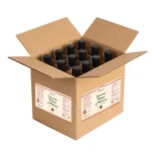 Open case of 12 Sonoma Farm Balsamic Vinegar of Modena 250ml bottles, traditionally barrel aged, wholesale packaging