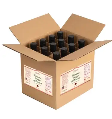 Open case of 12 Sonoma Farm Balsamic Vinegar of Modena 250ml bottles, traditionally barrel aged, wholesale packaging