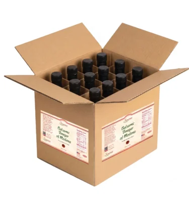 Open case of 12 Sonoma Farm Balsamic Vinegar of Modena 500ml bottles, traditionally barrel aged, wholesale packaging