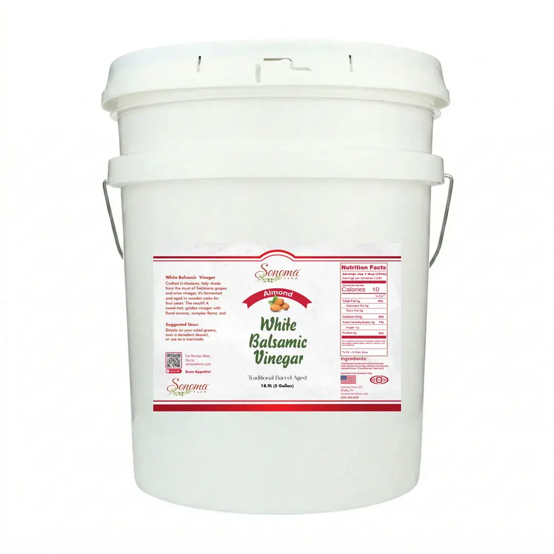 Sonoma Farm Almond Infused White Balsamic Vinegar 5 Gallon 18.9 Liter Container