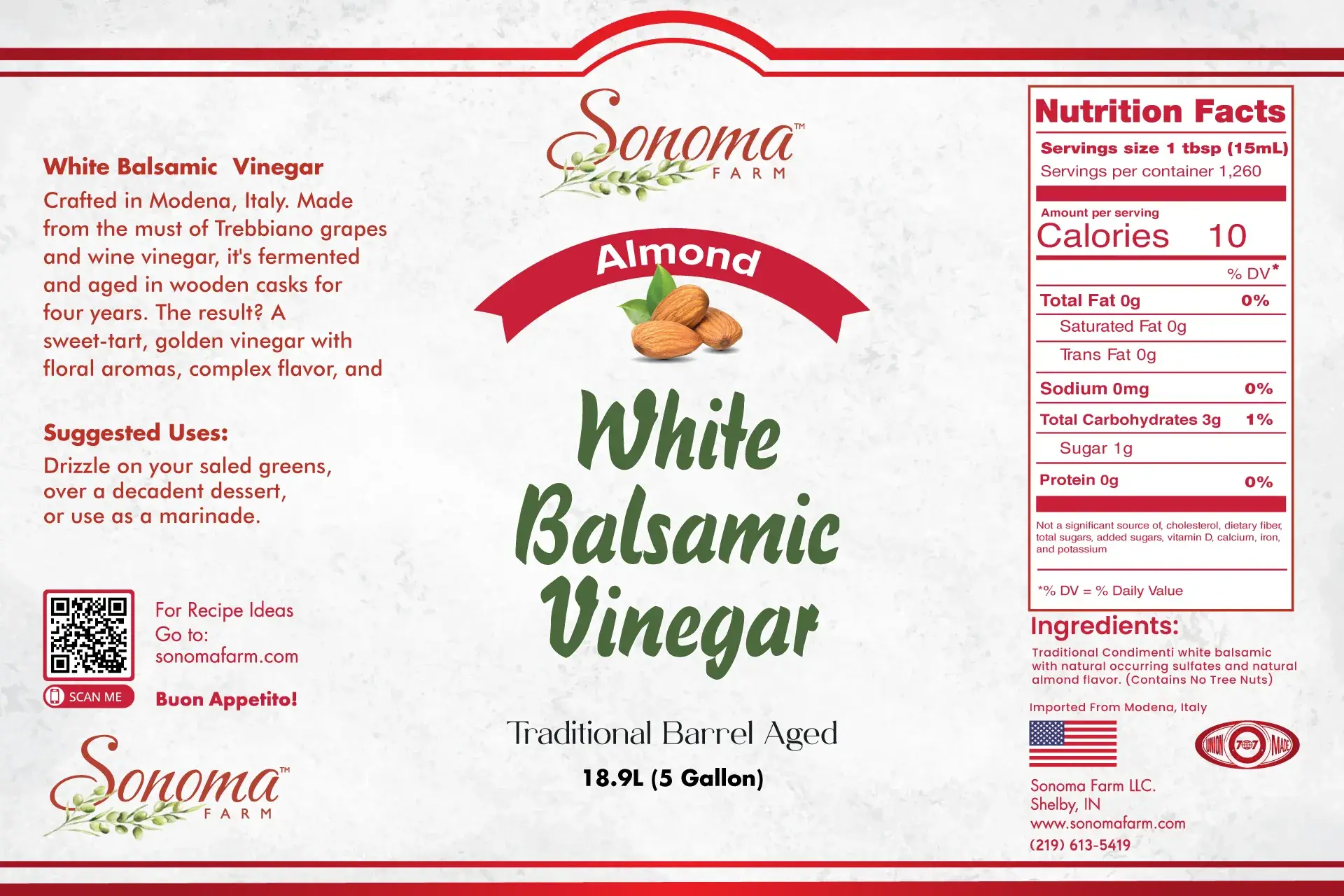 Sonoma Farm Almond Infused White Balsamic Vinegar 5 Gallon Label