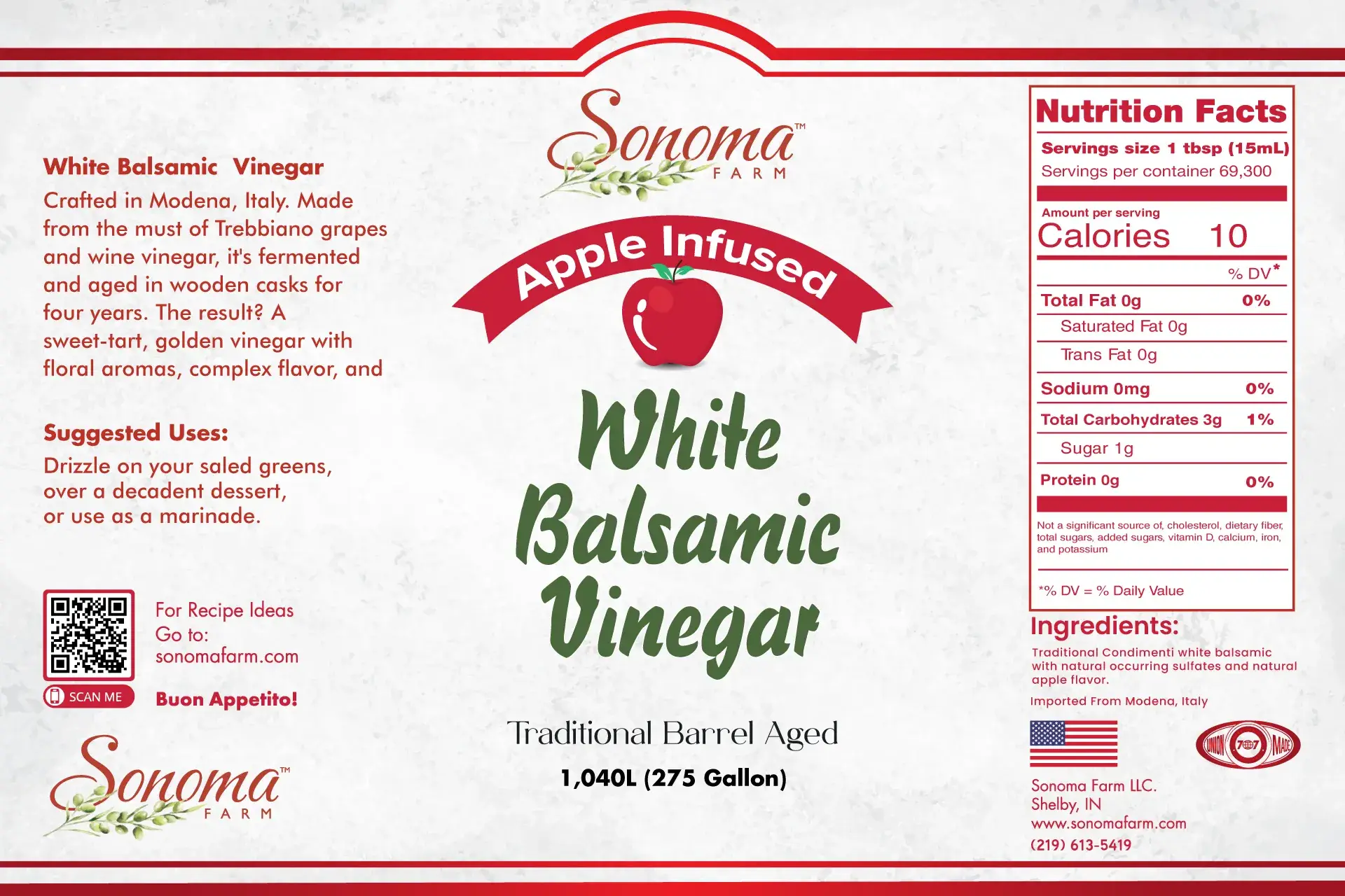 Sonoma Farm Apple Infused White Balsamic Vinegar 275 Gallon Tote Label