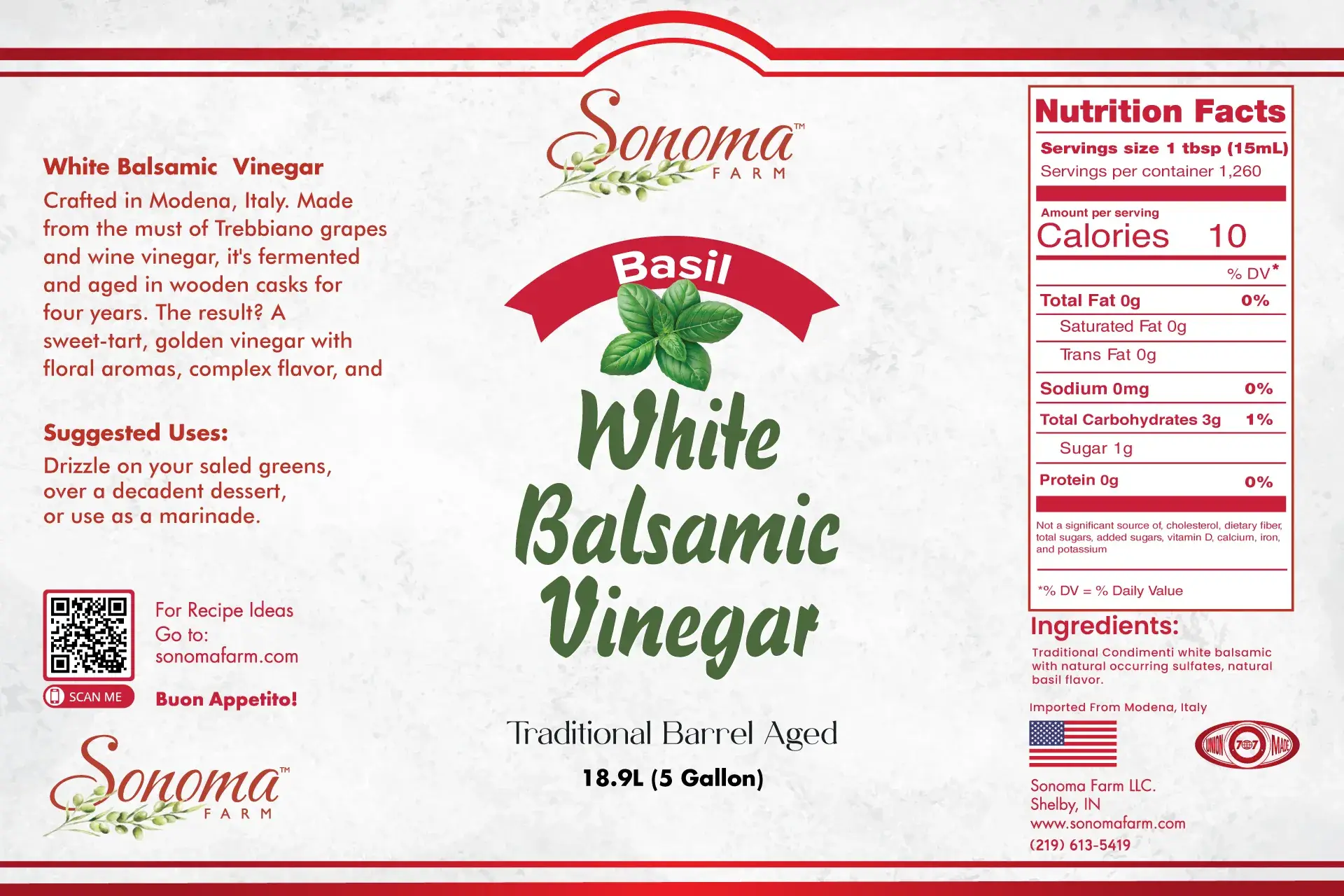 Sonoma Farm Basil Infused White Balsamic Vinegar 5 Gallon Label