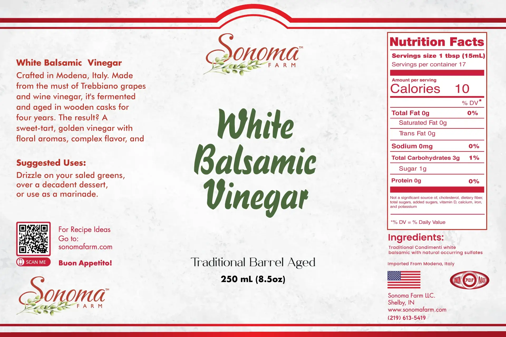 Sonoma Farm Traditional Barrel Aged White Balsamic Vinegar 250ml Bottle Label